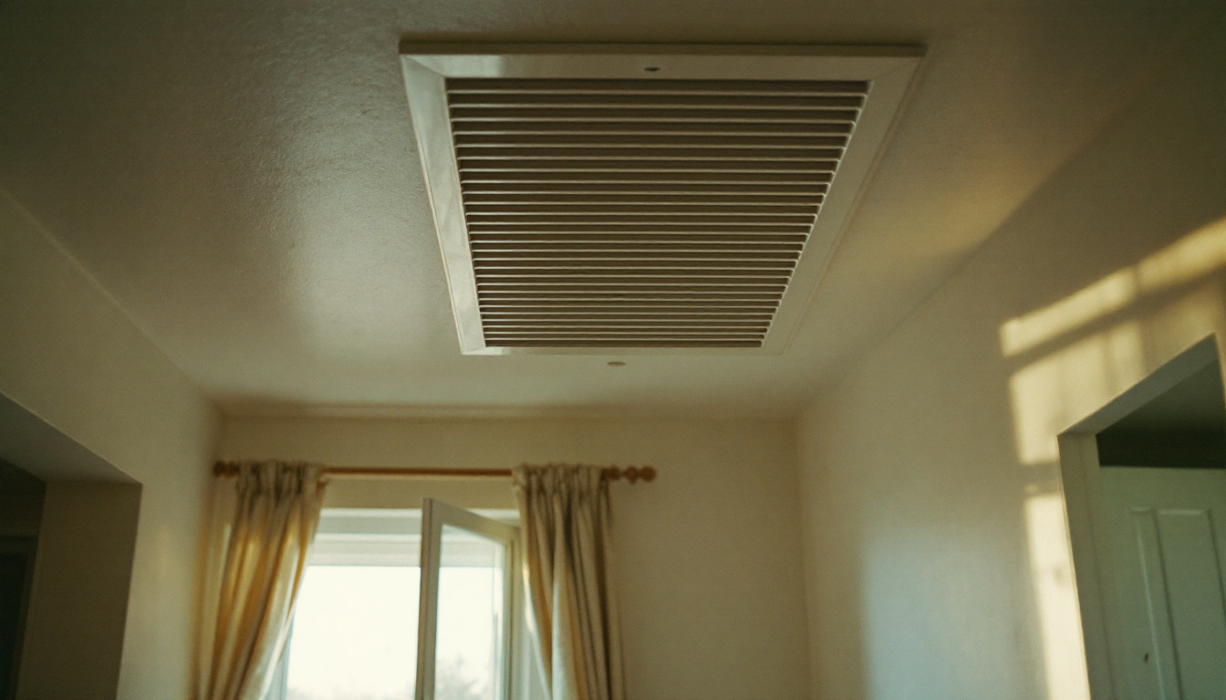 Ceiling grille of a whole house fan at the top of a staircase with open windows drawing cool evening air through the home