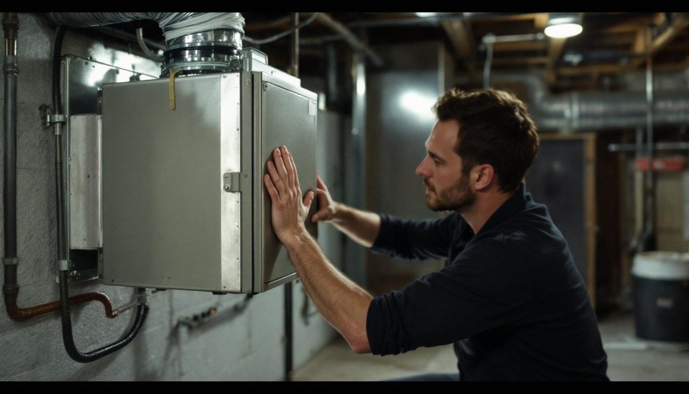Technician completing a whole house humidifier installation on the supply plenum of a basement furnace
