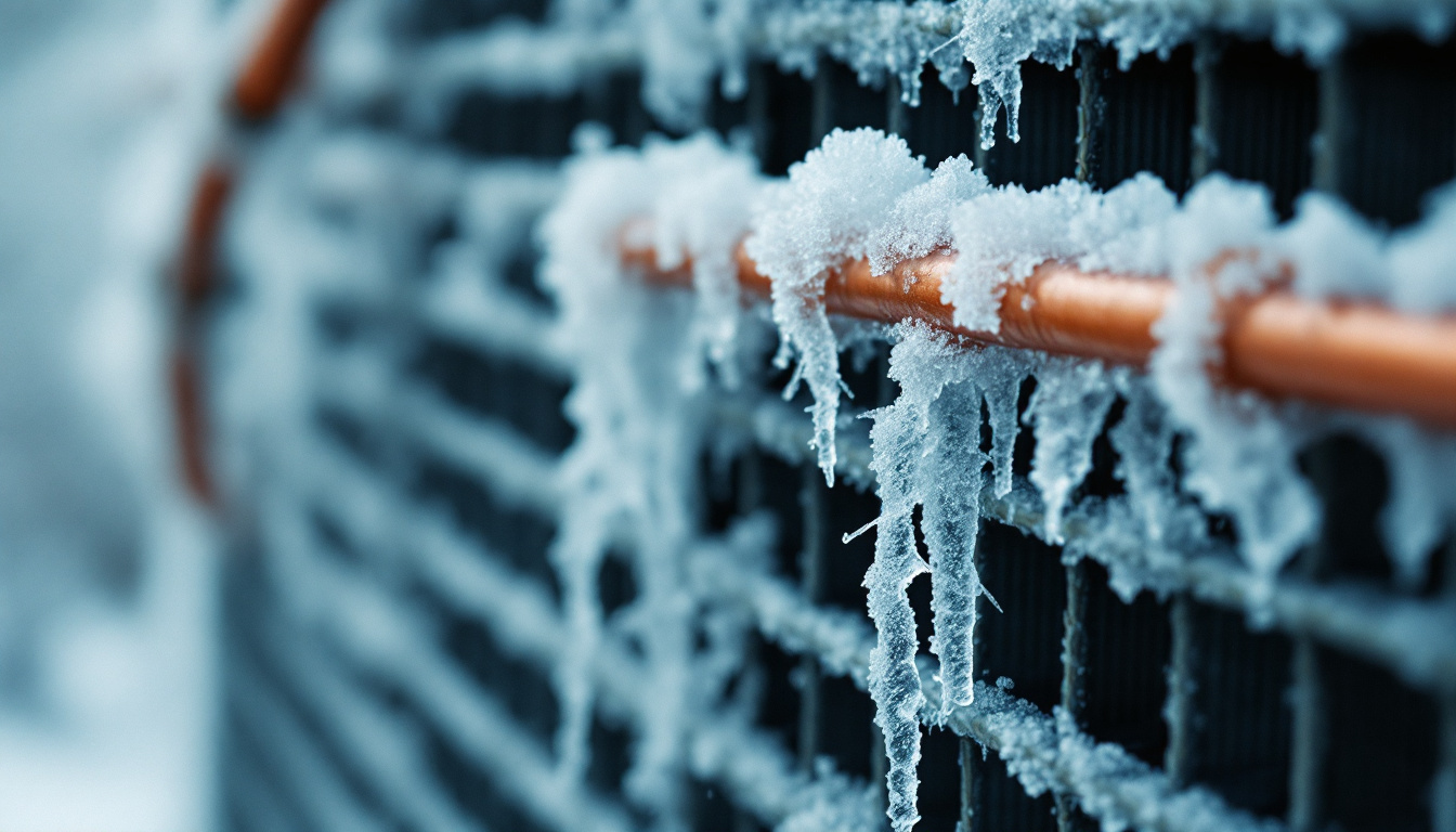 Frost and ice built up on a residential evaporator coil and refrigerant line
