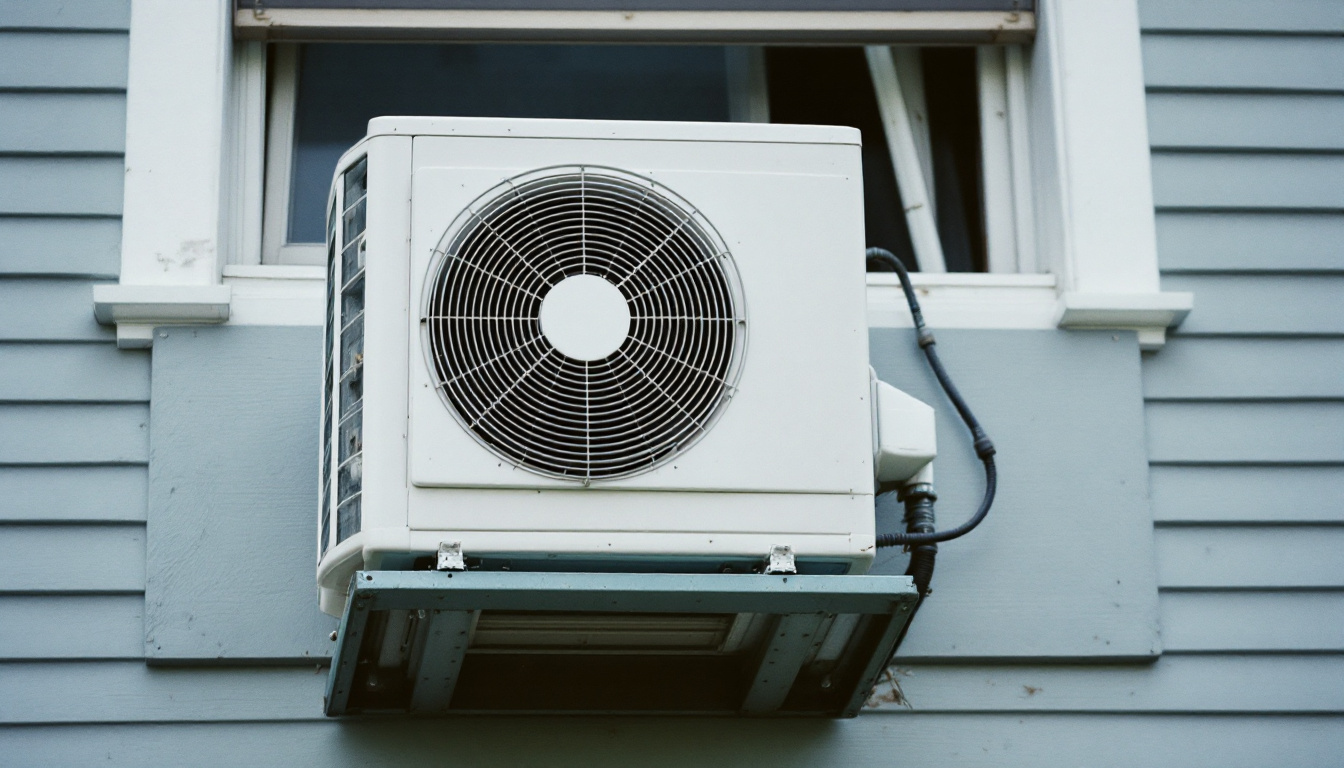 Two people completing a window AC installation in a double hung window, with the unit resting on a metal support bracket