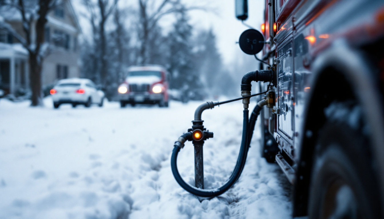 A heating oil delivery hose connected to a fill pipe beside a snowy house