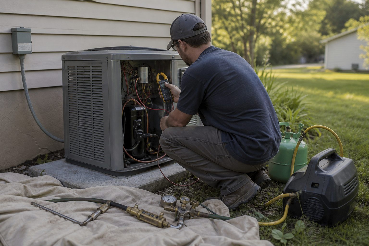 Technician measuring compressor current at an outdoor condensing unit during an AC compressor replacement diagnosis