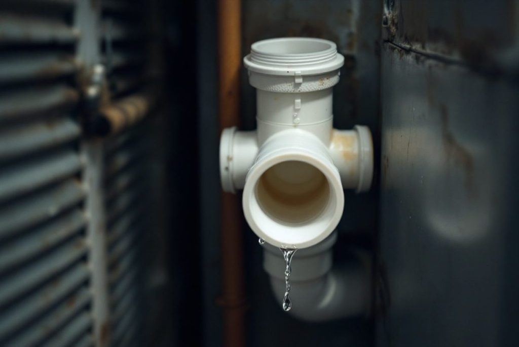 A condensate trap with a cleanout tee, where most clogs are cleared.