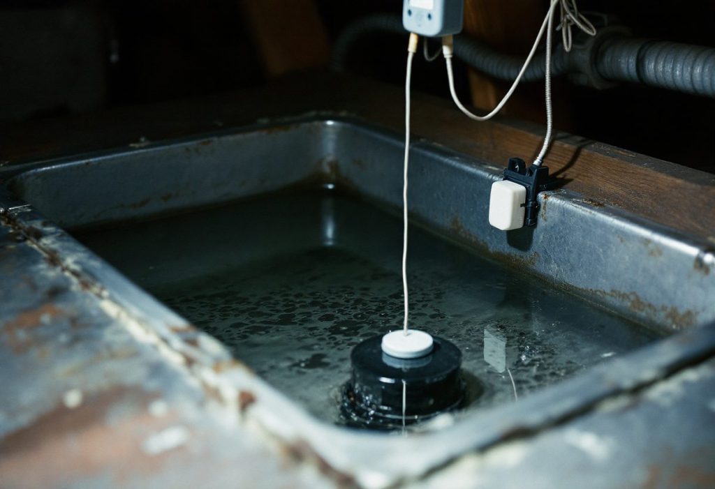 A secondary pan with a float switch, the backstop when the main drain clogs.