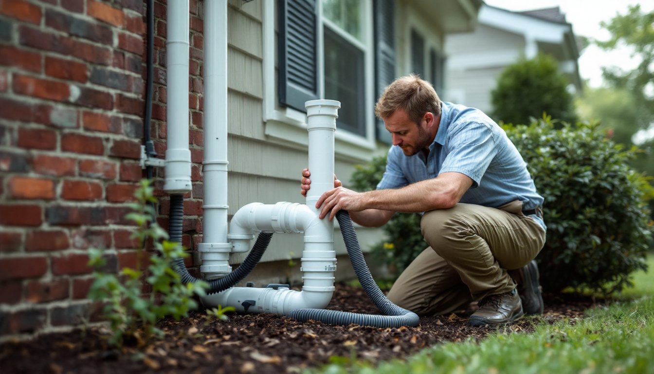 Homeowner using a shop vac on the outdoor end of an AC drain line clogged with algae