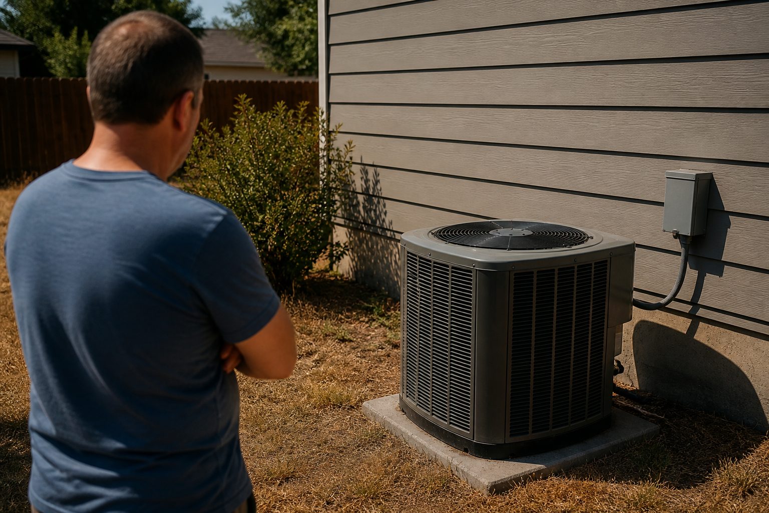 Homeowner looking at a silent outdoor condenser with the AC not turning on, beside the wall mounted electrical disconnect box