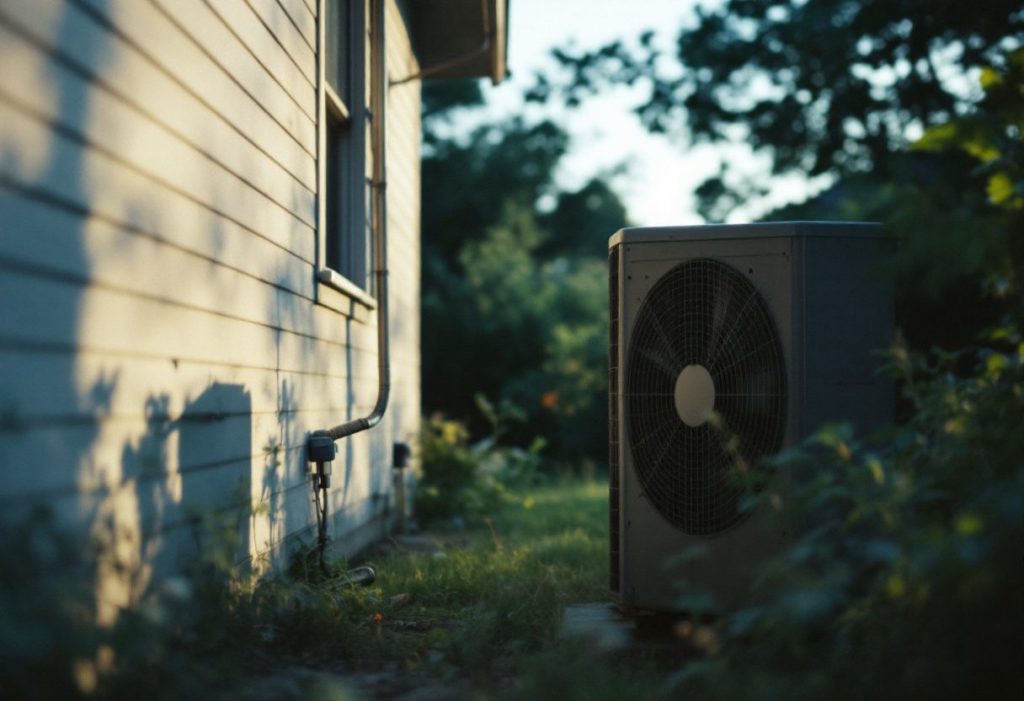 An outdoor unit sitting idle between short cycles on a hot evening.