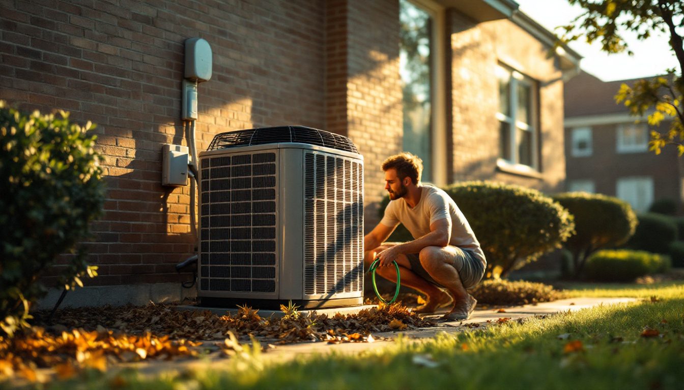 Homeowner clearing leaves from around an outdoor condenser while checking for causes of AC short cycling