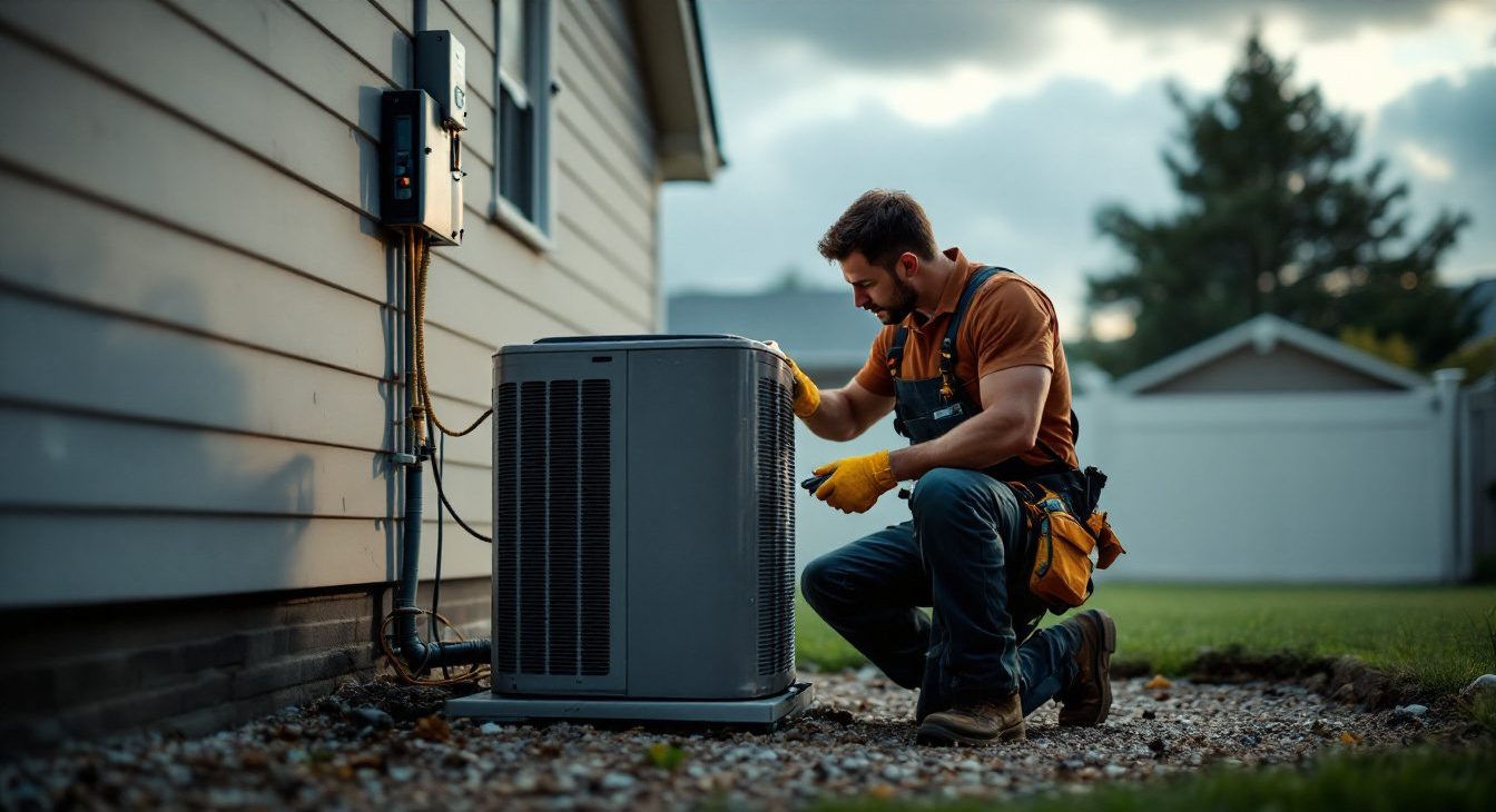 Electrician installing an ac surge protector beside the outdoor disconnect of a home air conditioner