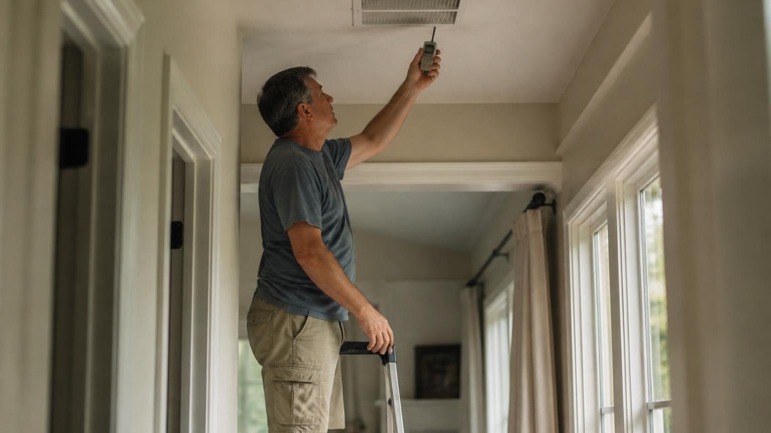 Technician measuring the ac temperature split with probes in the supply and return plenums of an air handler