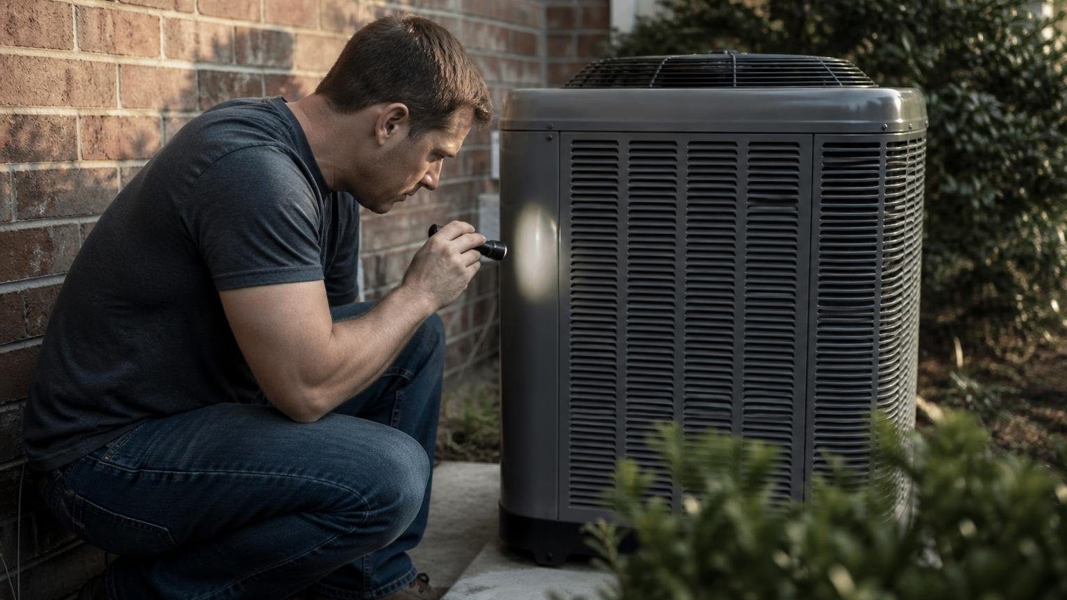 Homeowner checking the outdoor condenser to tell AC tonnage from the unit's model number