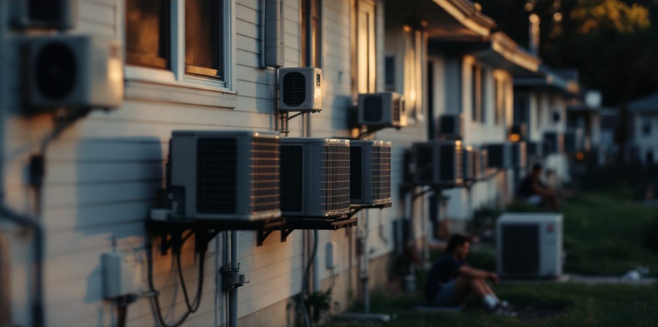A row of American houses on a hillside with a mix of outdoor central AC units and window units.