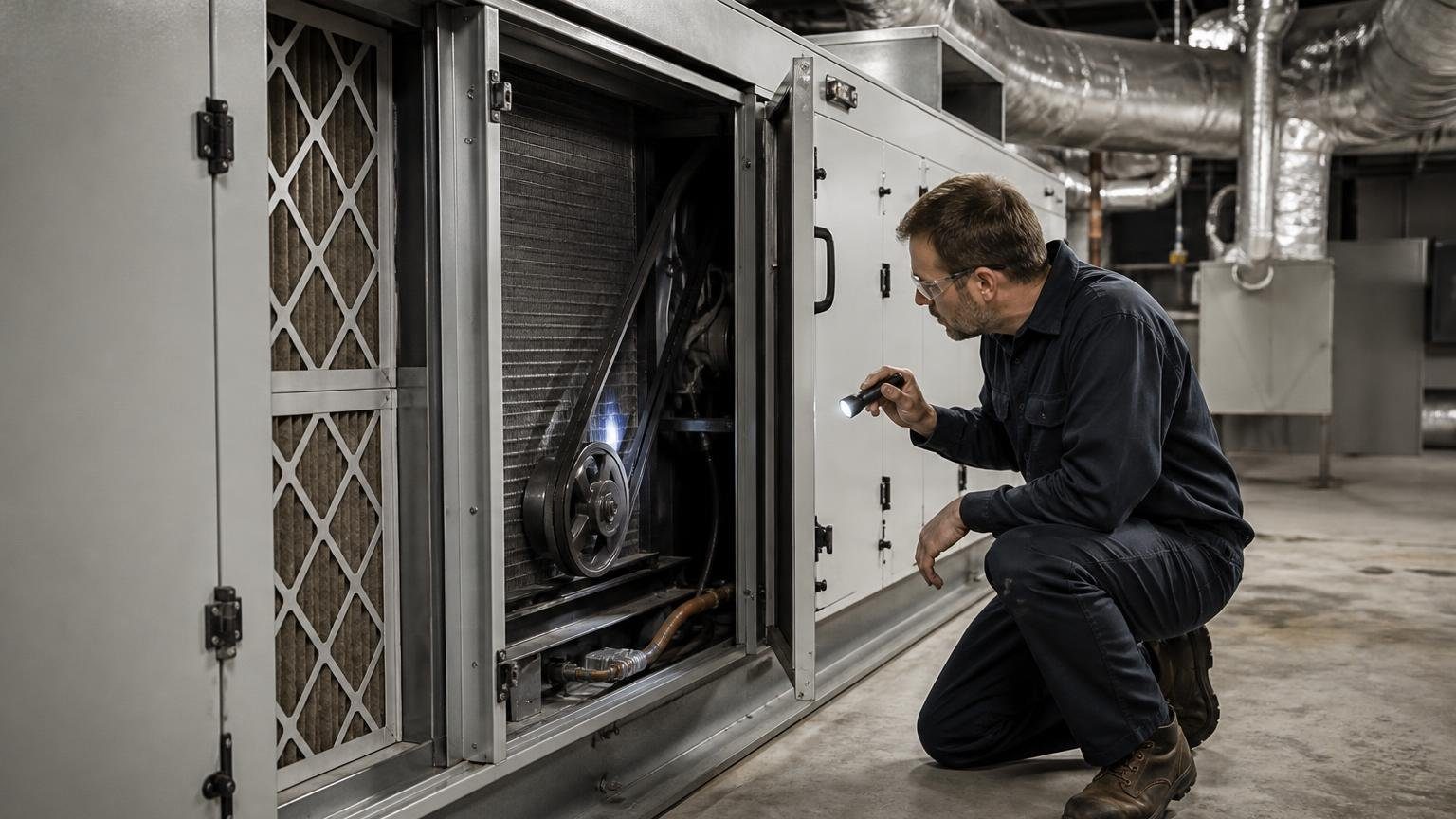 Technician inspecting the fan section of a commercial air handling unit in a building mechanical room