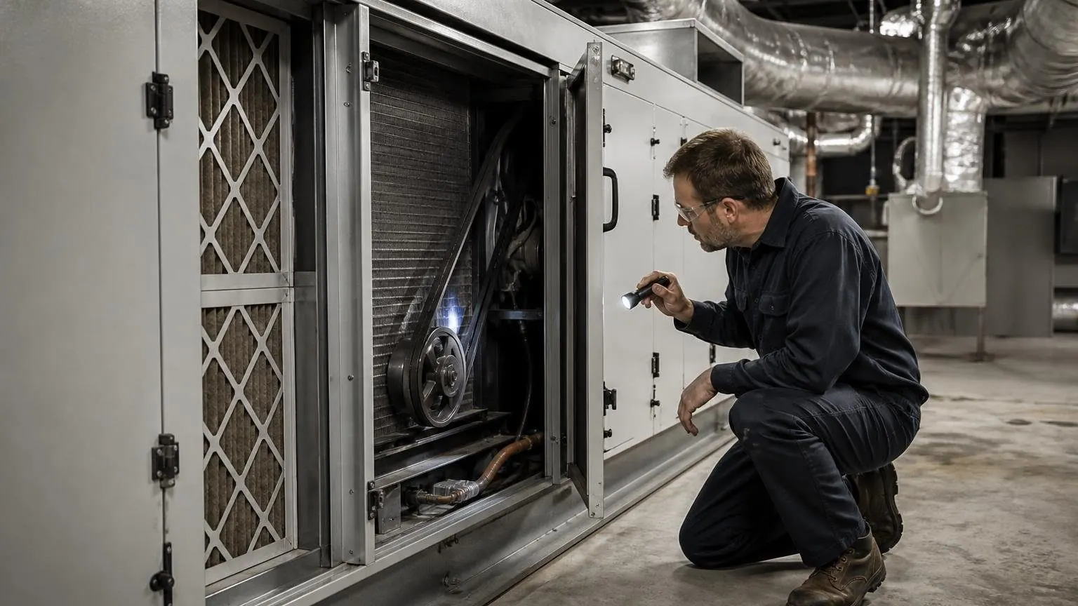 Technician inspecting the fan section of a commercial air handling unit in a building mechanical room