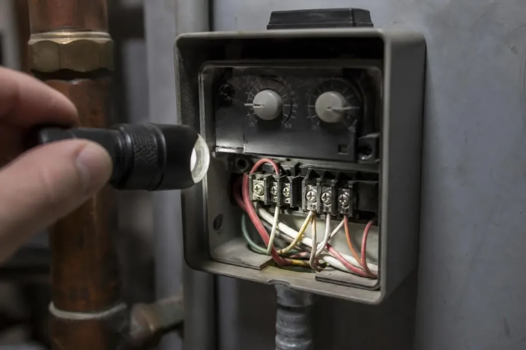 High and low limit dials inside a typical oil boiler aquastat.