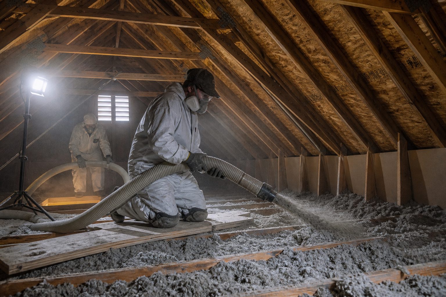 Installer blowing loose fill cellulose between attic joists, the work that drives attic insulation cost per square foot of ceiling