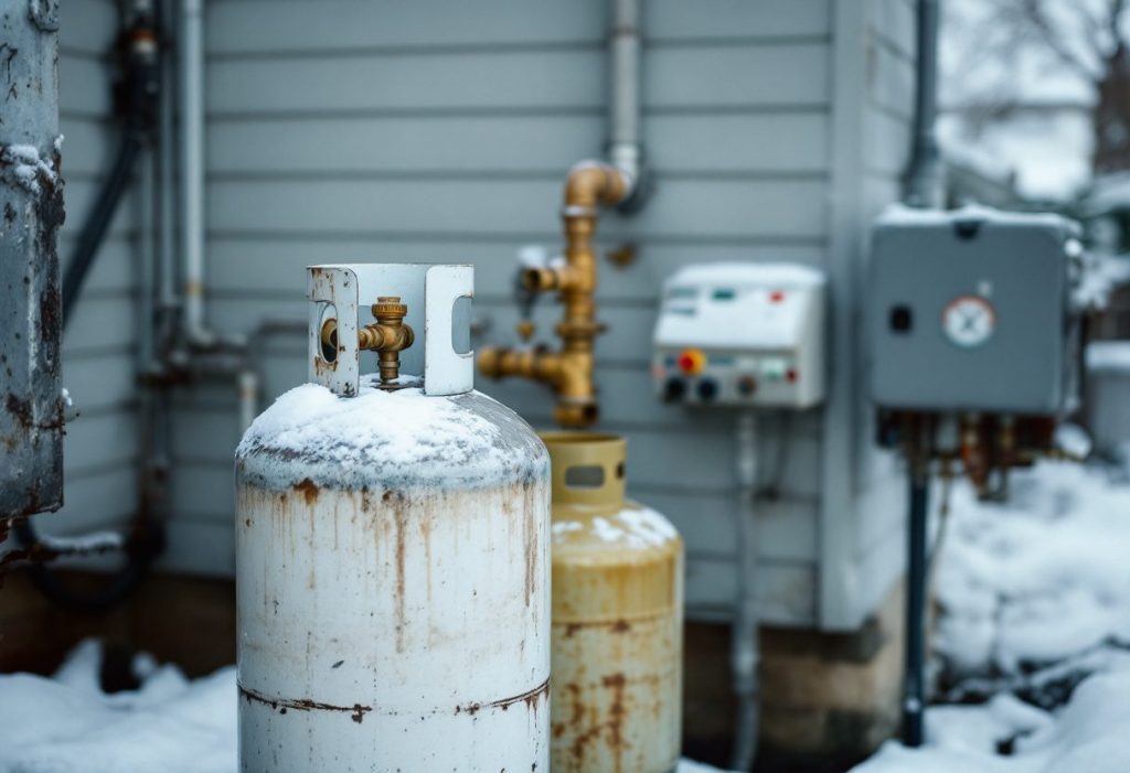 Propane, fuel oil and natural gas connections at a home.
