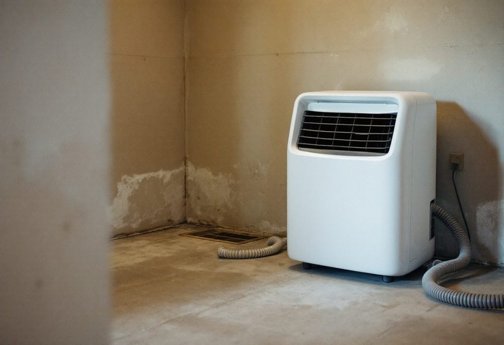 A dehumidifier on a basement floor, draining to a floor drain.