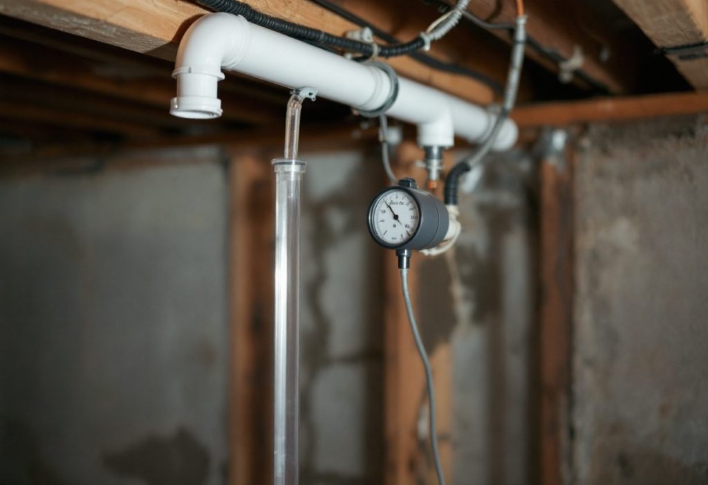 A radon mitigation pipe rising from a basement slab.