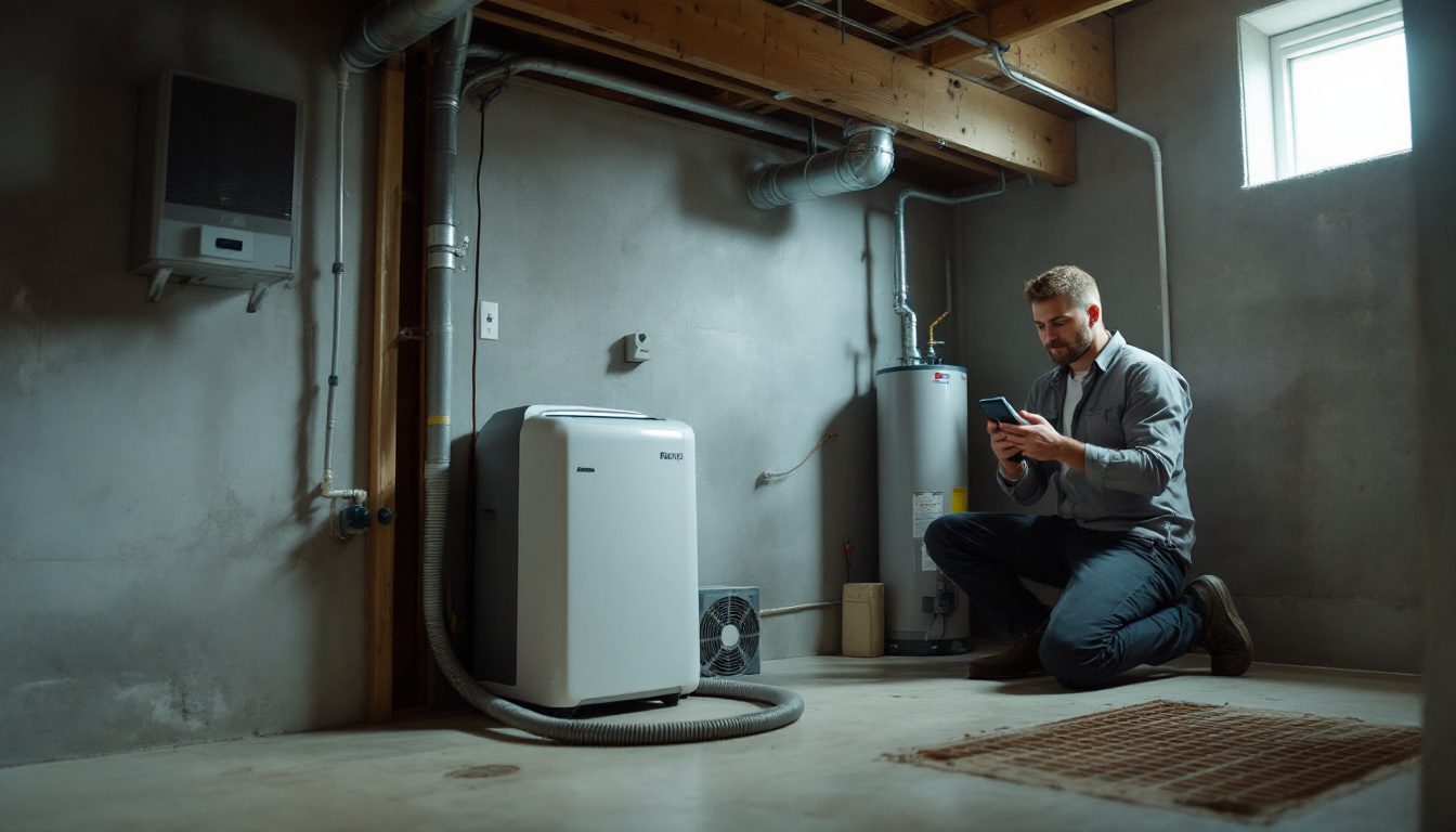 Technician checking basement ventilation and humidity beside a dehumidifier and water heater in an unfinished basement