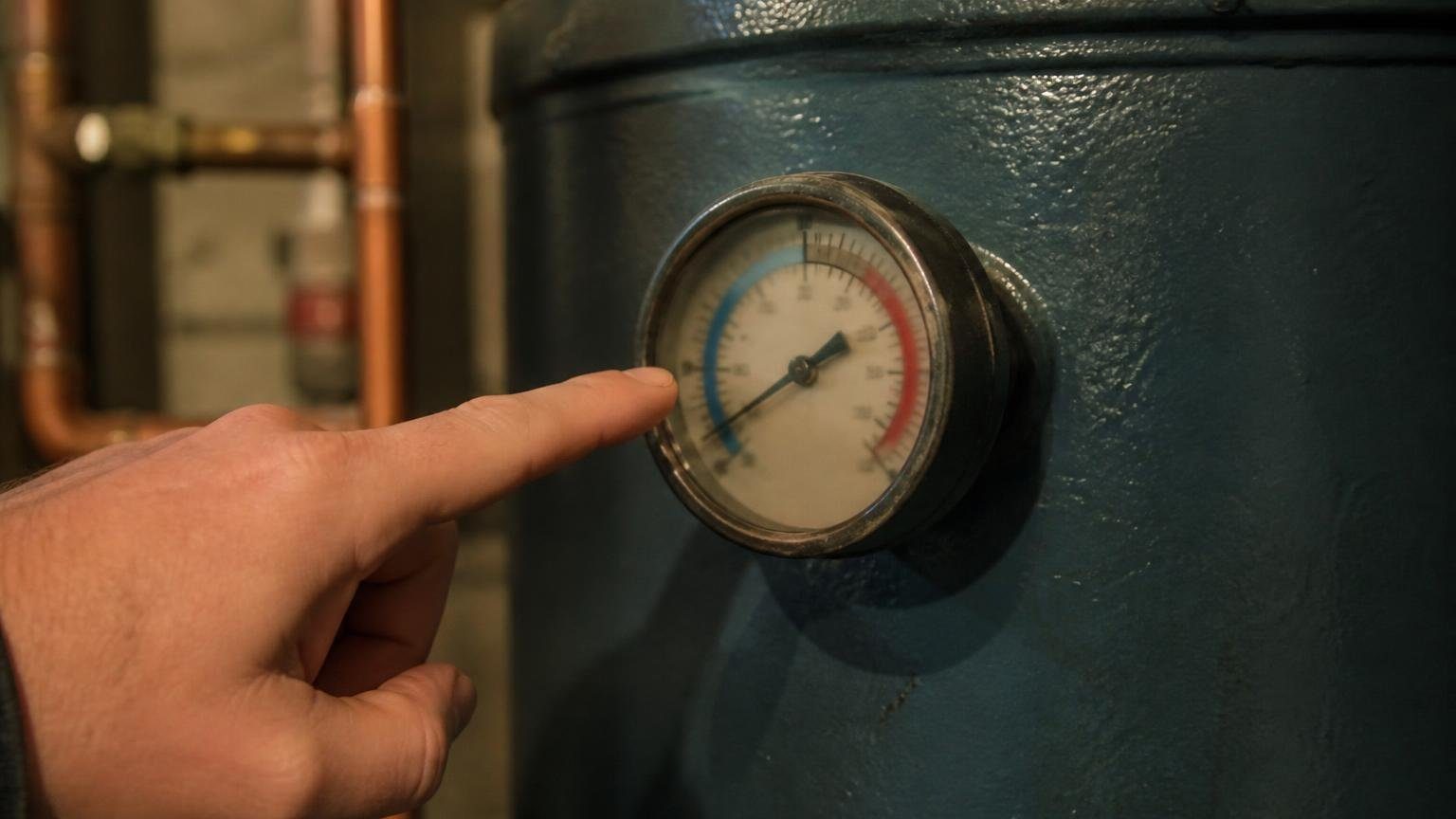 Technician checking boiler pressure on the gauge of a residential hot water boiler