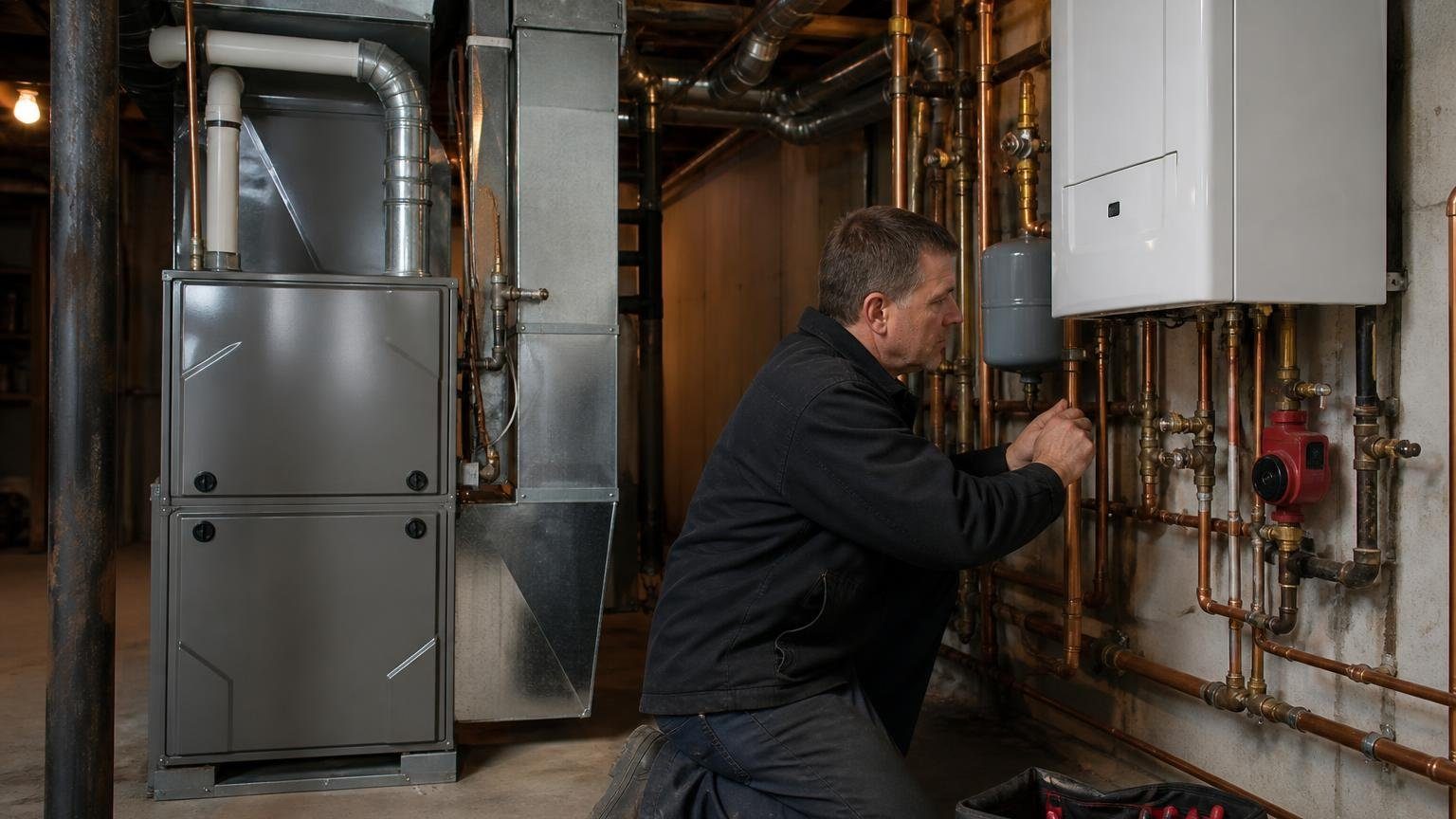 Boiler vs furnace side by side in a basement mechanical room, with ductwork above the furnace and copper piping on the boiler