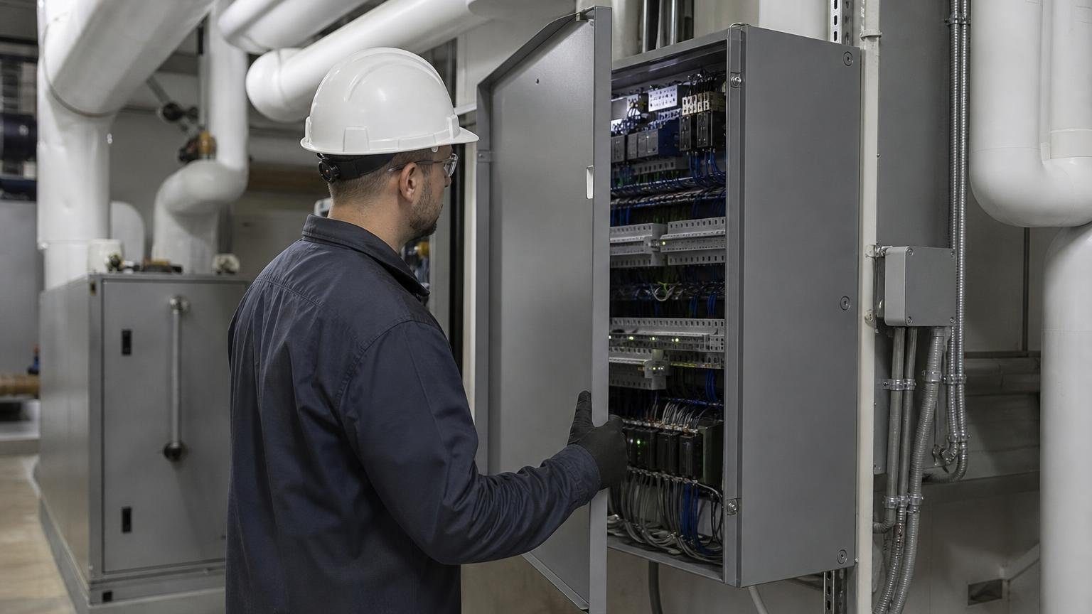Technician opening a building automation system controls cabinet beside an air handling unit in a commercial mechanical room