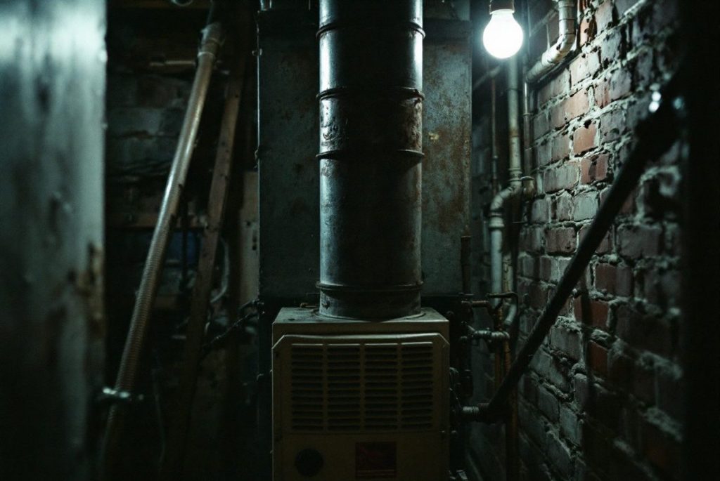 An older gas furnace and flue in a basement.