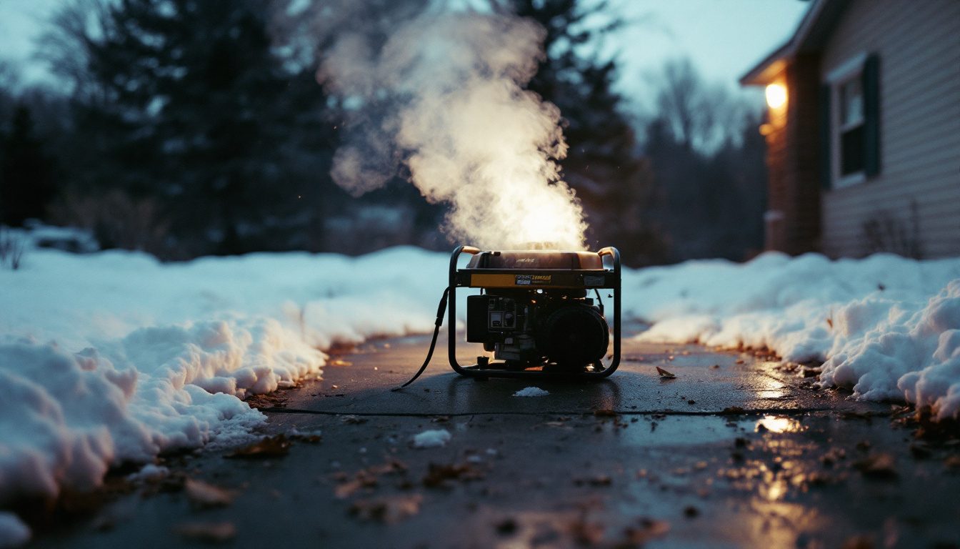 A portable gasoline generator running on a driveway in light snow beside a suburban house.