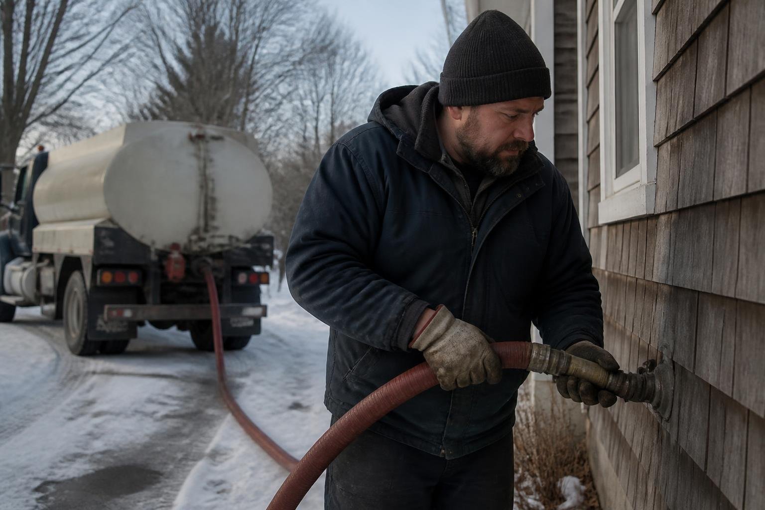 Driver filling a home's tank on a will-call cash heating oil delivery in winter