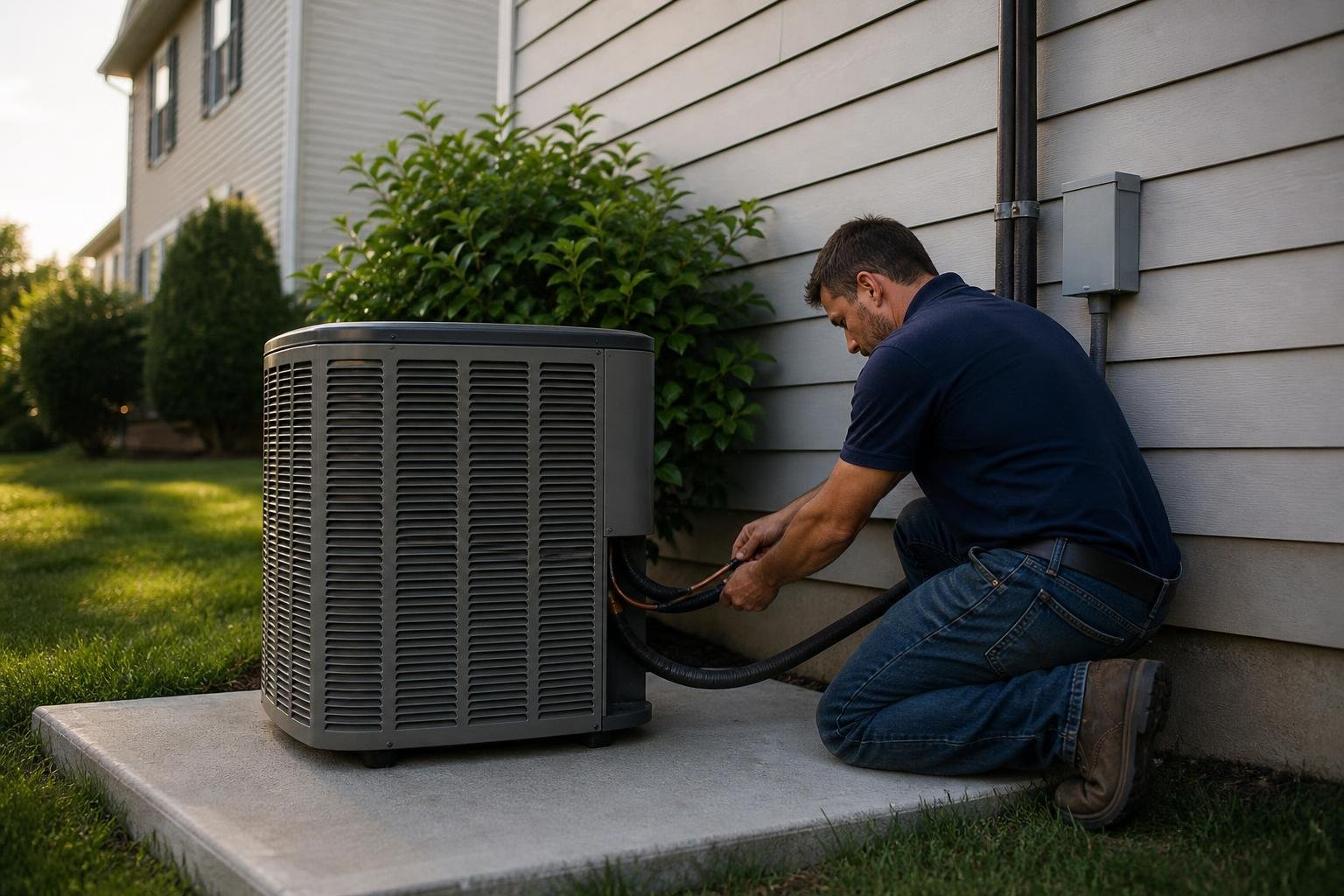 Technician connecting refrigerant lines to a new outdoor condenser on a concrete pad during a central air installation