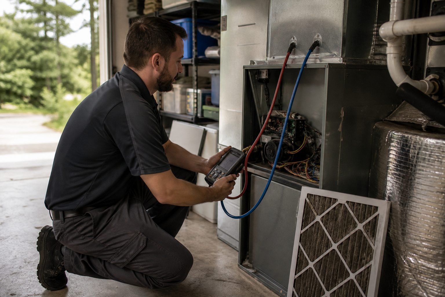 Technician measuring static pressure at a residential air handler to work out cfm per ton of cooling airflow