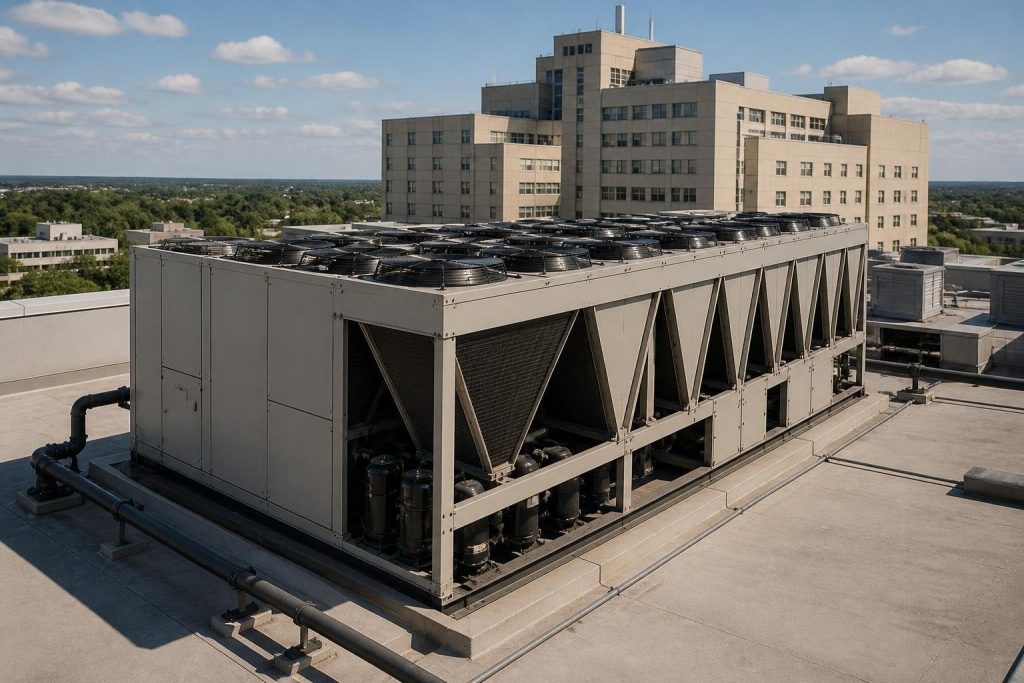 An air-cooled chiller rejects heat to outdoor air through its own condenser fans, with no cooling tower.