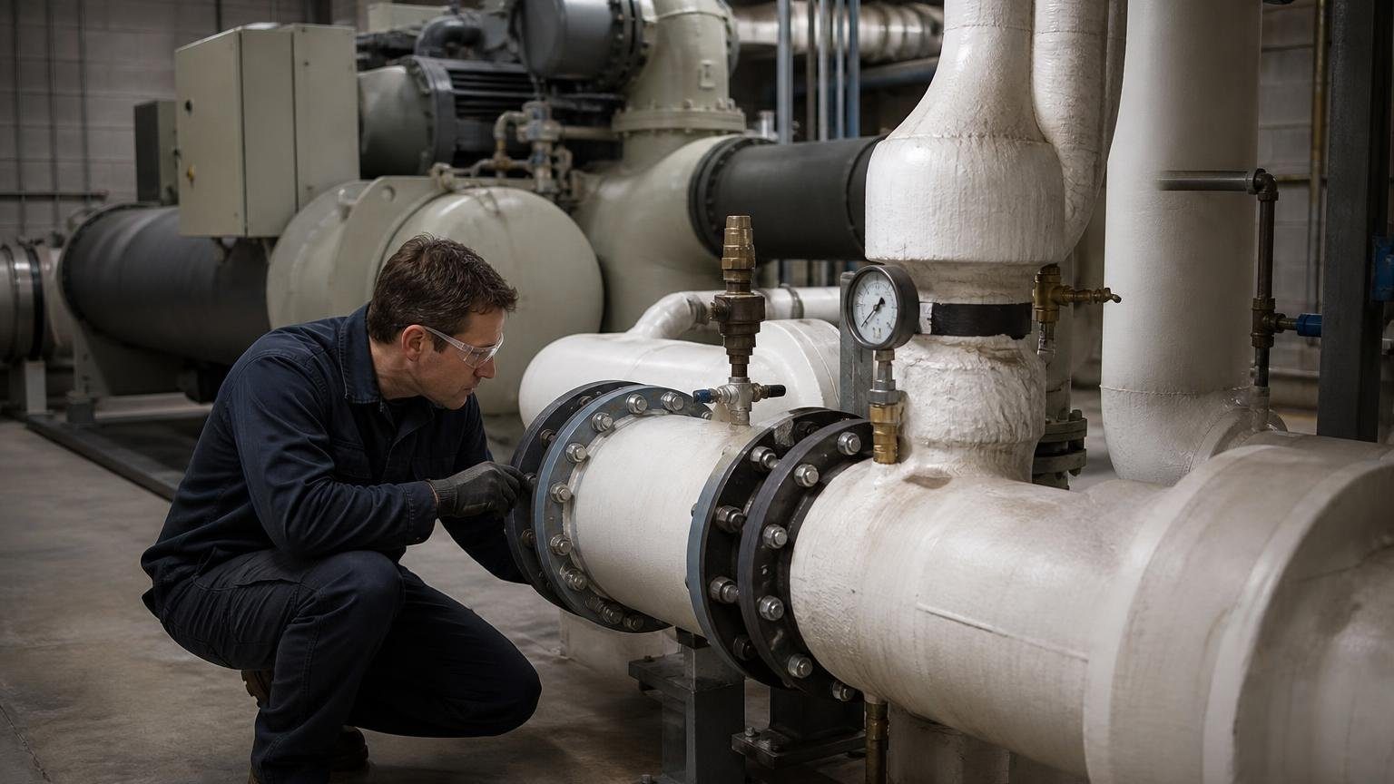 Technician inspecting a water-cooled centrifugal chiller in a commercial mechanical room, showing what a chiller is in a building HVAC system