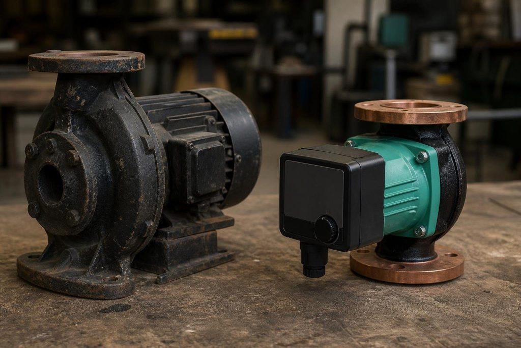 Old fixed-speed circulators versus compact ECM models that adjust their own speed.