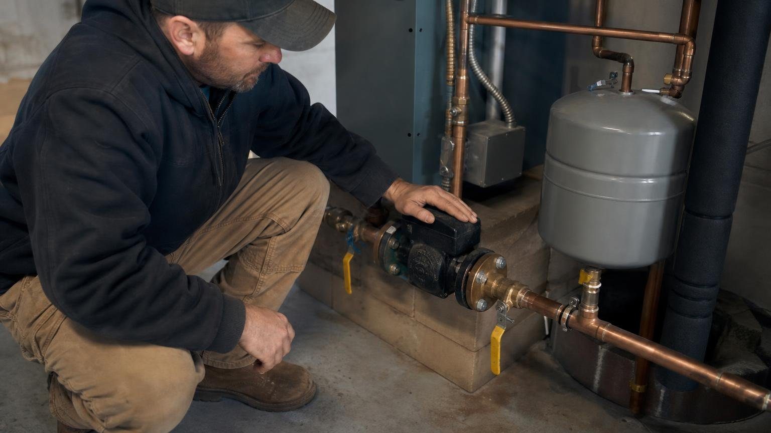 Technician checking a boiler circulator pump mounted on copper piping in a basement