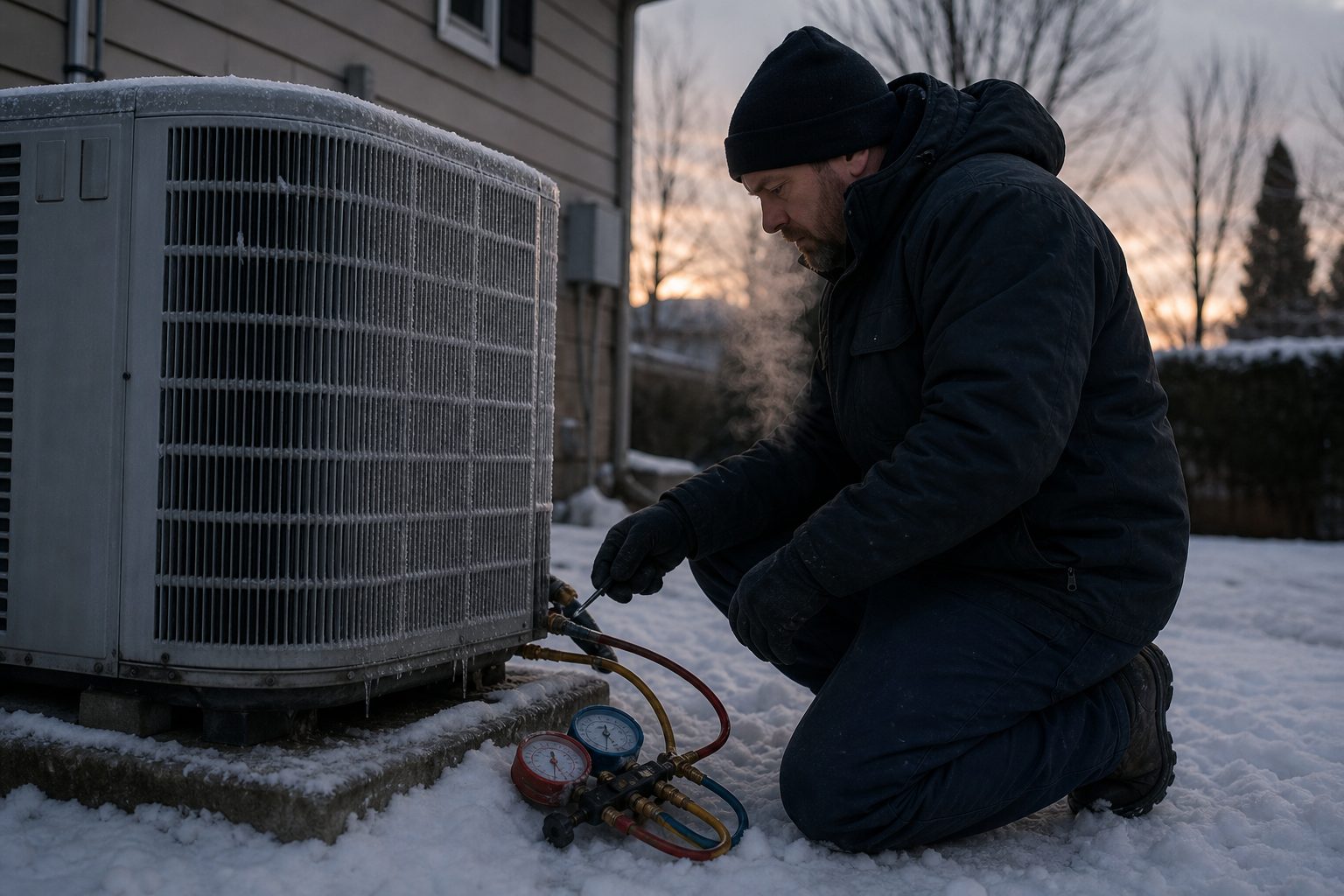 Technician checking a cold climate heat pump outdoor unit on a snow covered pad in winter