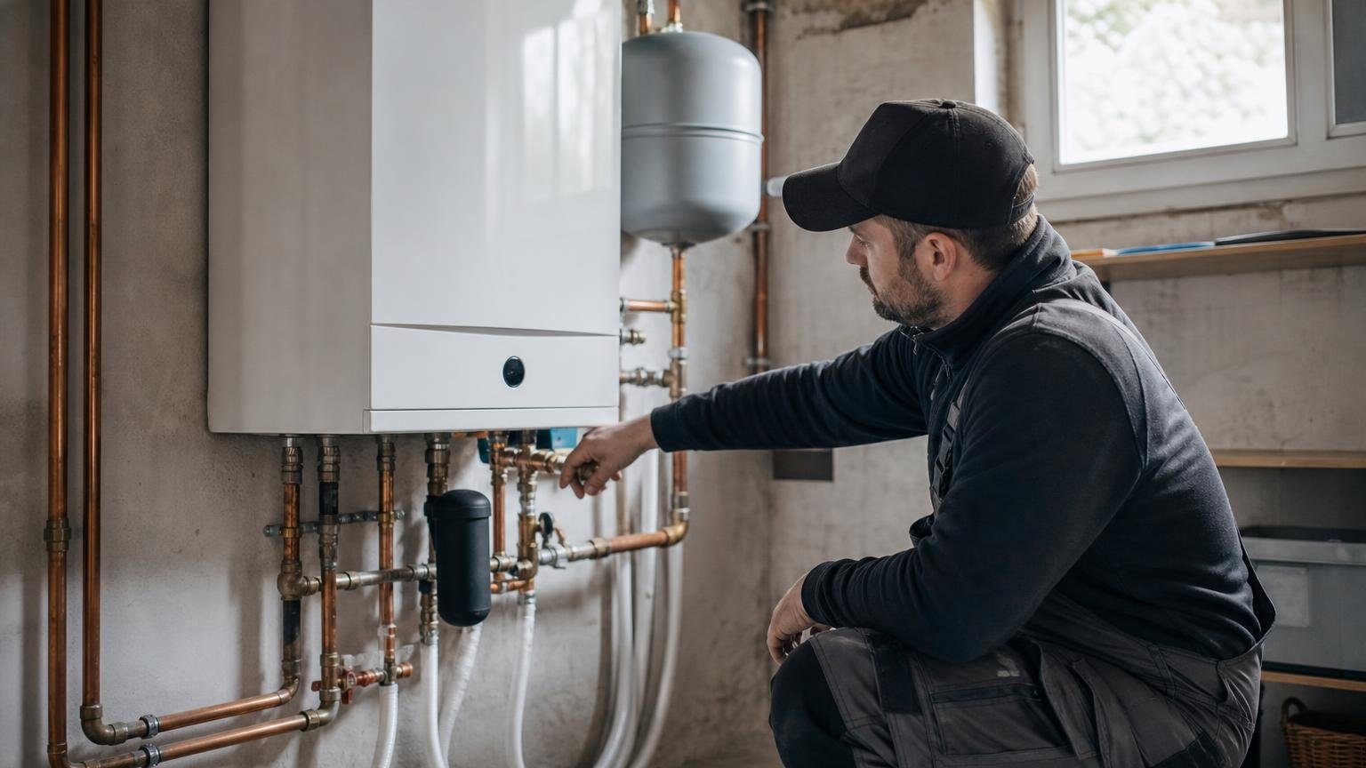 A technician checks the piping under a wall-hung combi boiler in a basement utility room