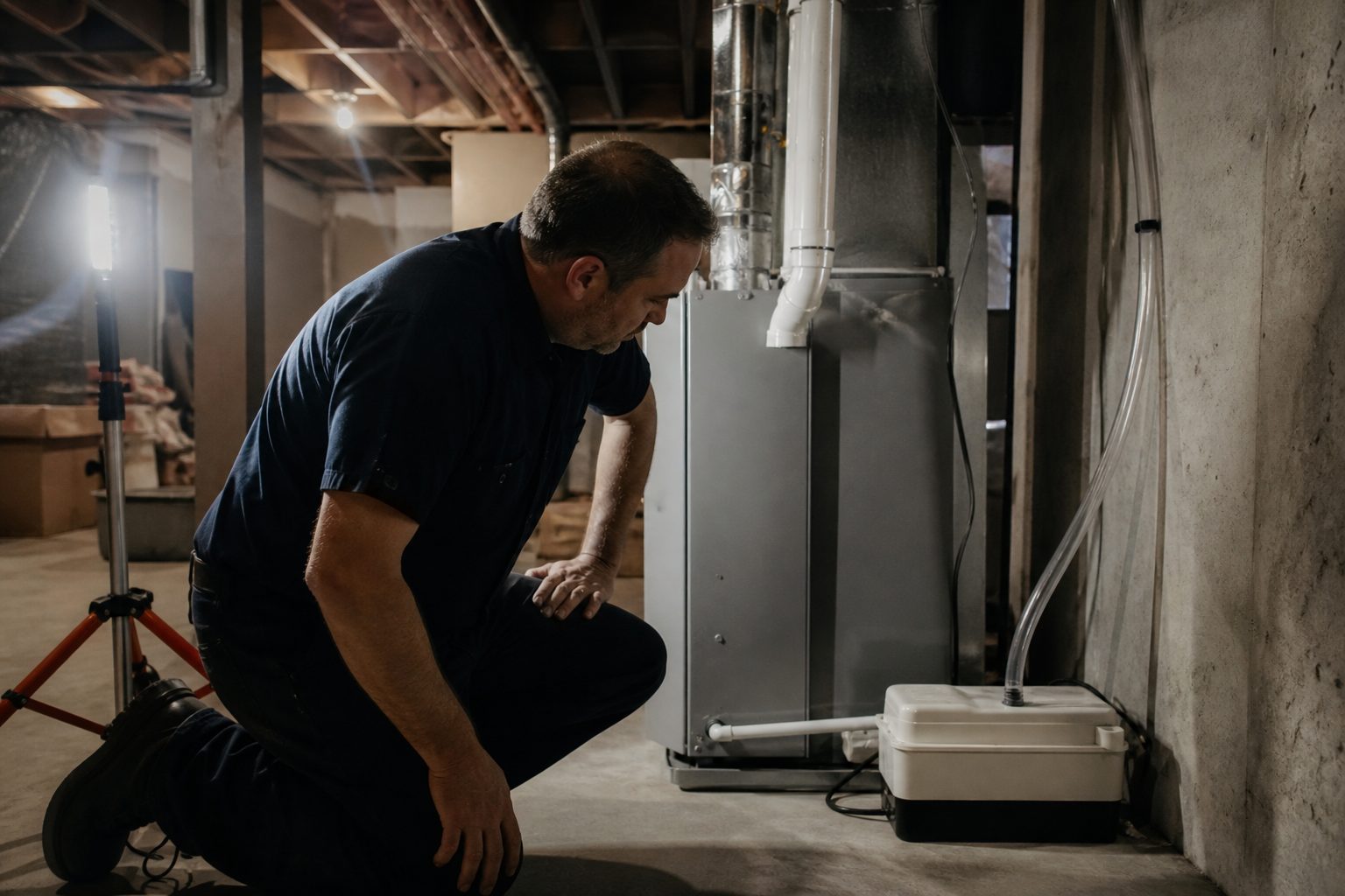 Technician inspecting a condensate pump and its discharge tubing beside a basement furnace