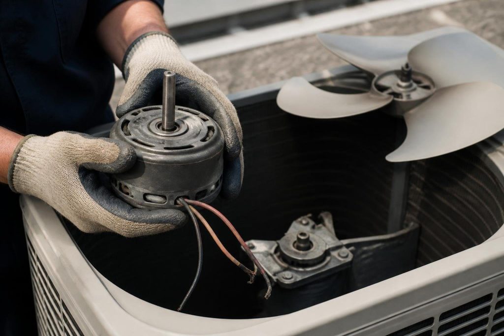 A condenser fan motor out for replacement: voltage, horsepower, RPM and rotation must match.