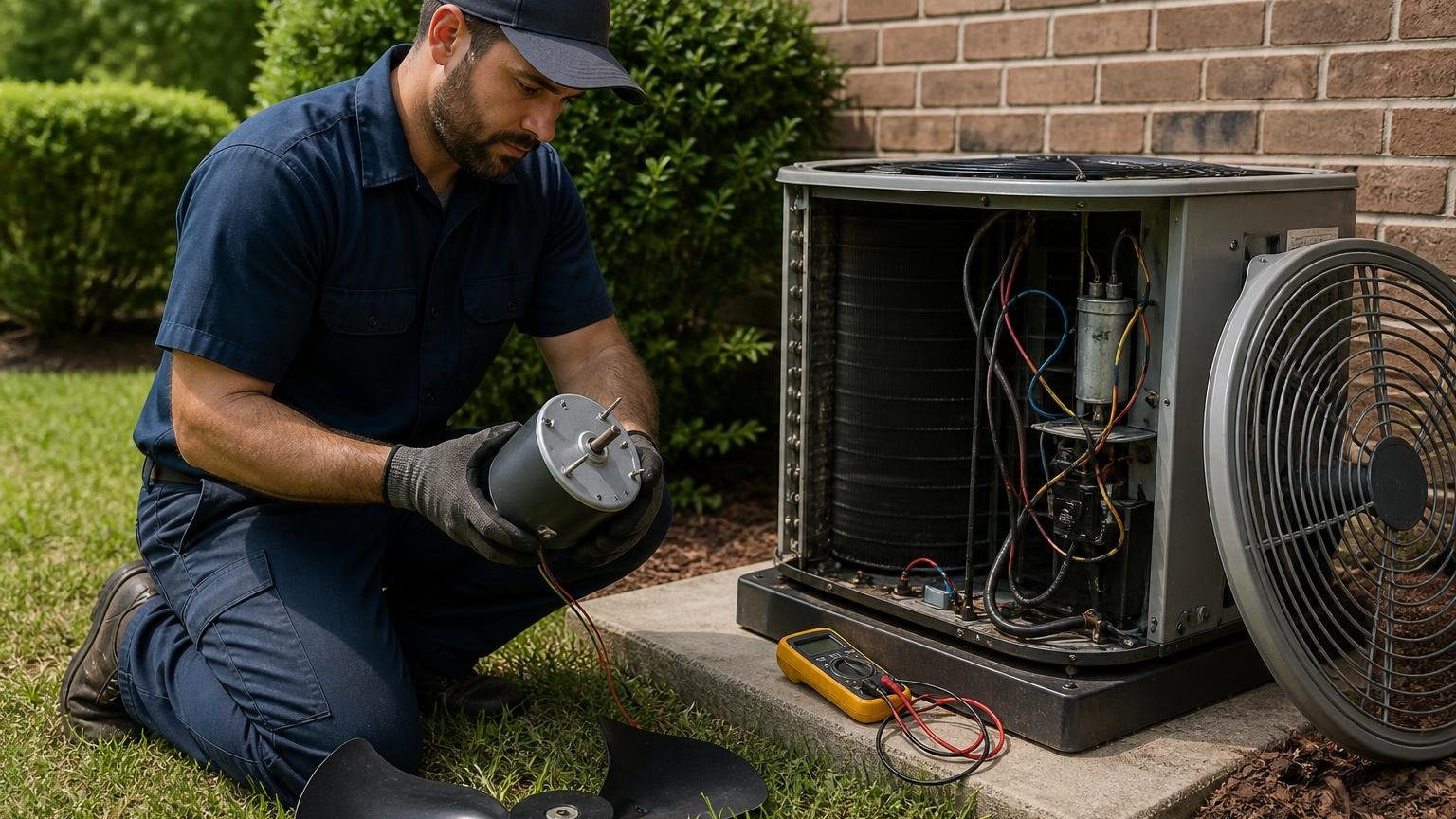 Technician removing an AC condenser fan motor from the top of an outdoor air conditioning unit