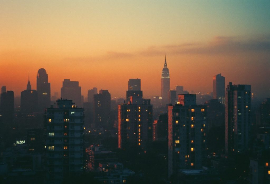 A city at dusk during a summer heat wave.