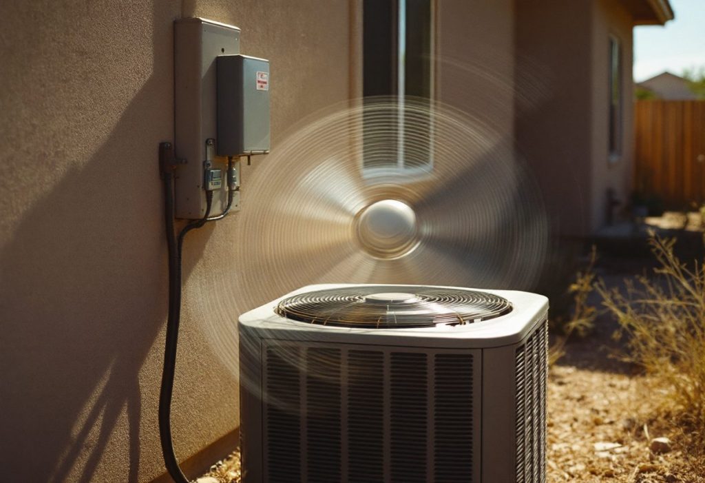 An AC condenser running hard in desert heat.