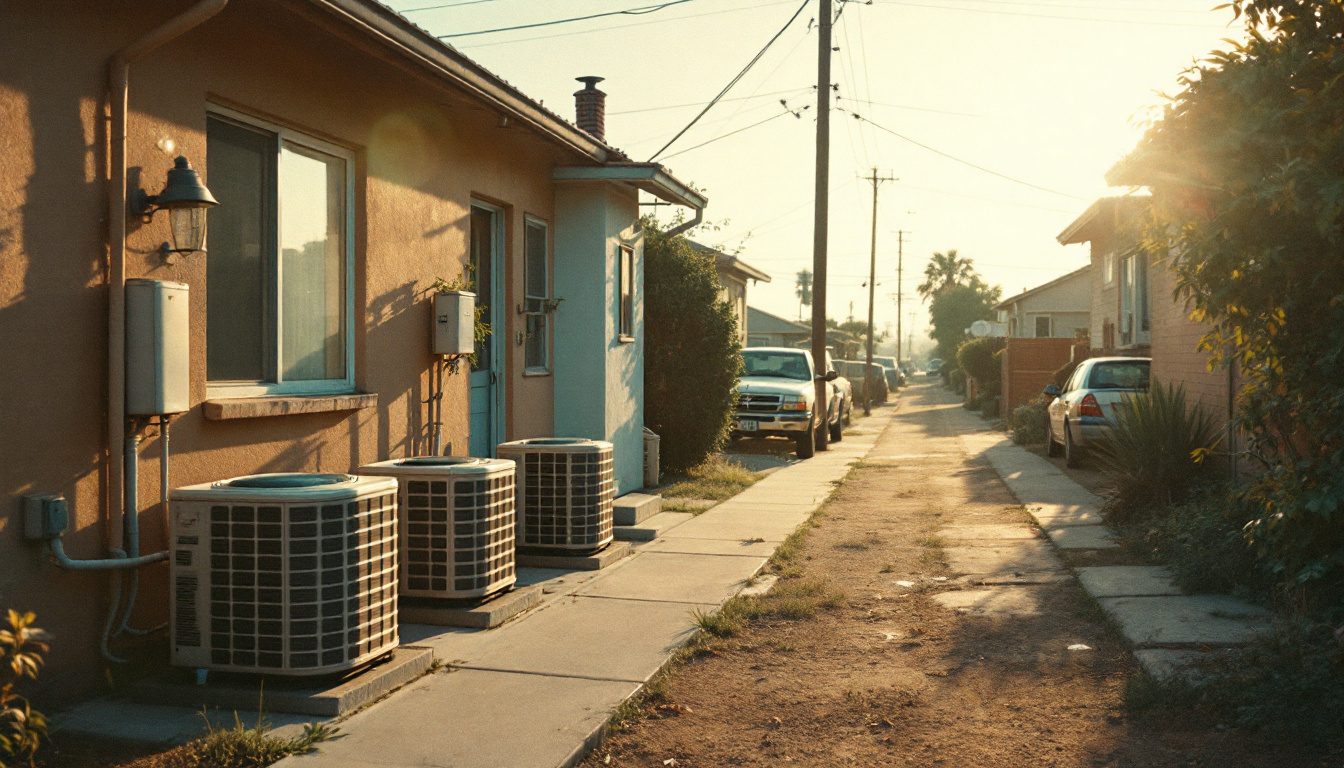 Heat shimmer over a suburban street in midsummer with outdoor air conditioning units running beside houses.