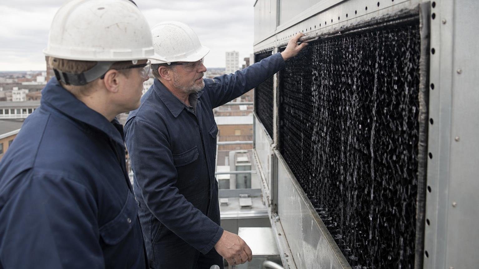 Technicians inspecting the fill of a rooftop cooling tower on a commercial building