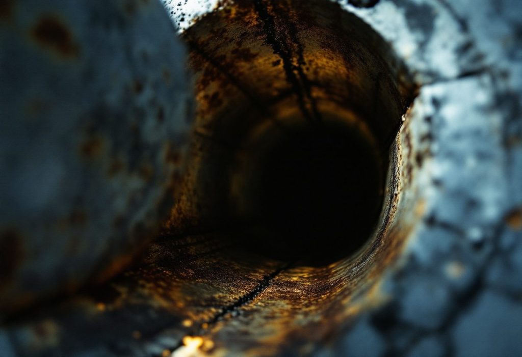 Corrosion and a hairline fissure on a clamshell heat exchanger.