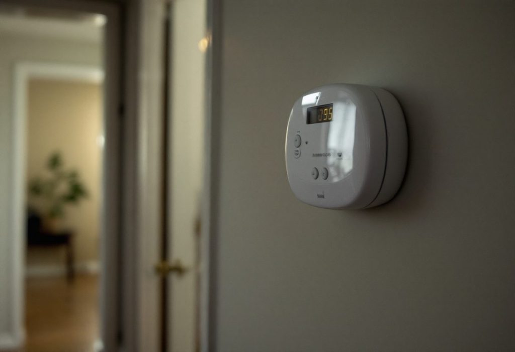 A CO alarm outside the furnace room, the first line of defence.
