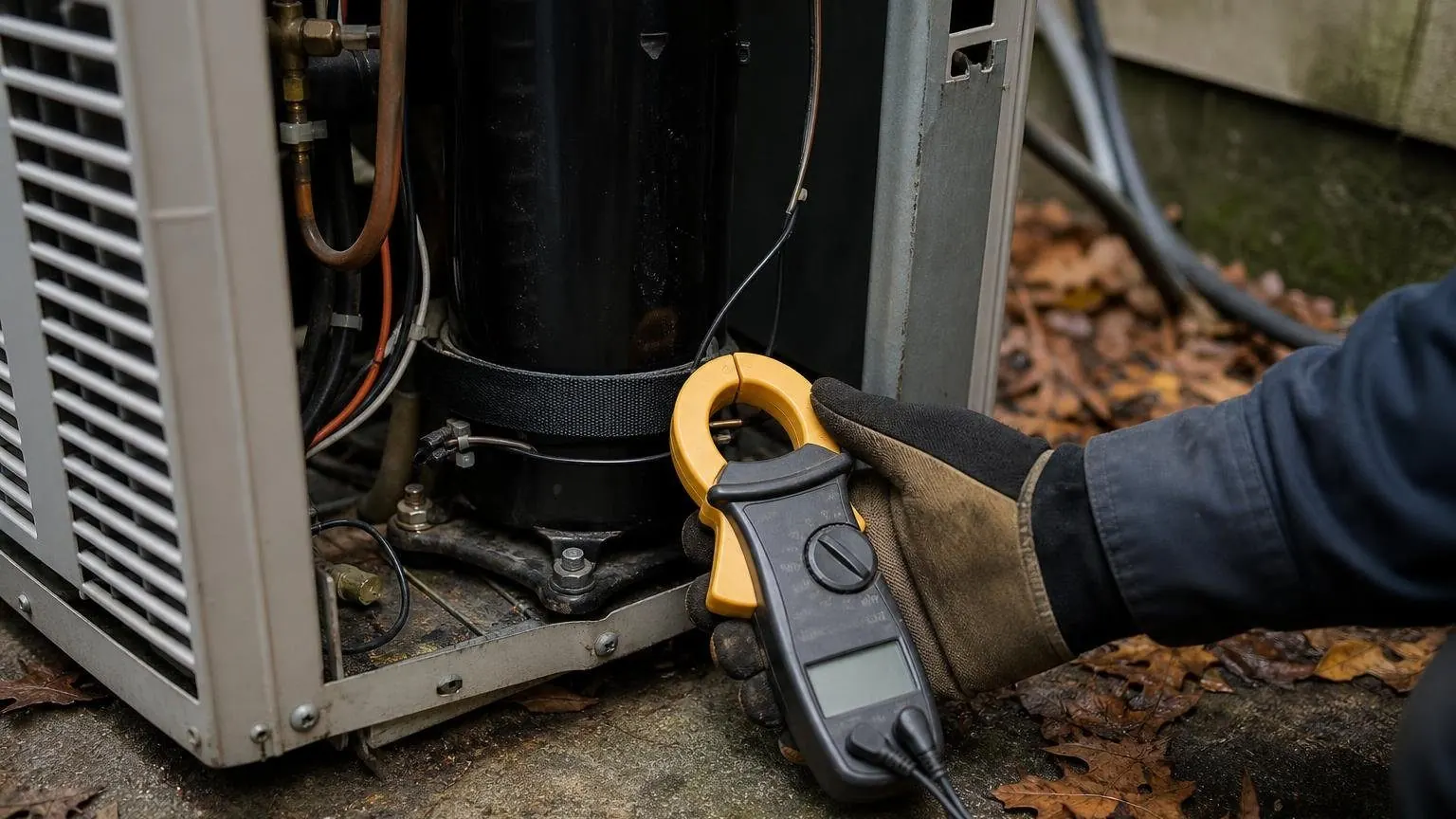 Belly band crankcase heater wrapped around the base of a scroll compressor in an outdoor AC unit
