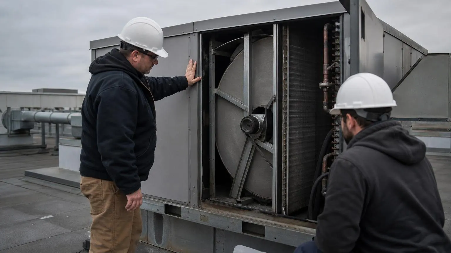 Technicians inspecting the energy recovery wheel inside a dedicated outdoor air system on a commercial roof