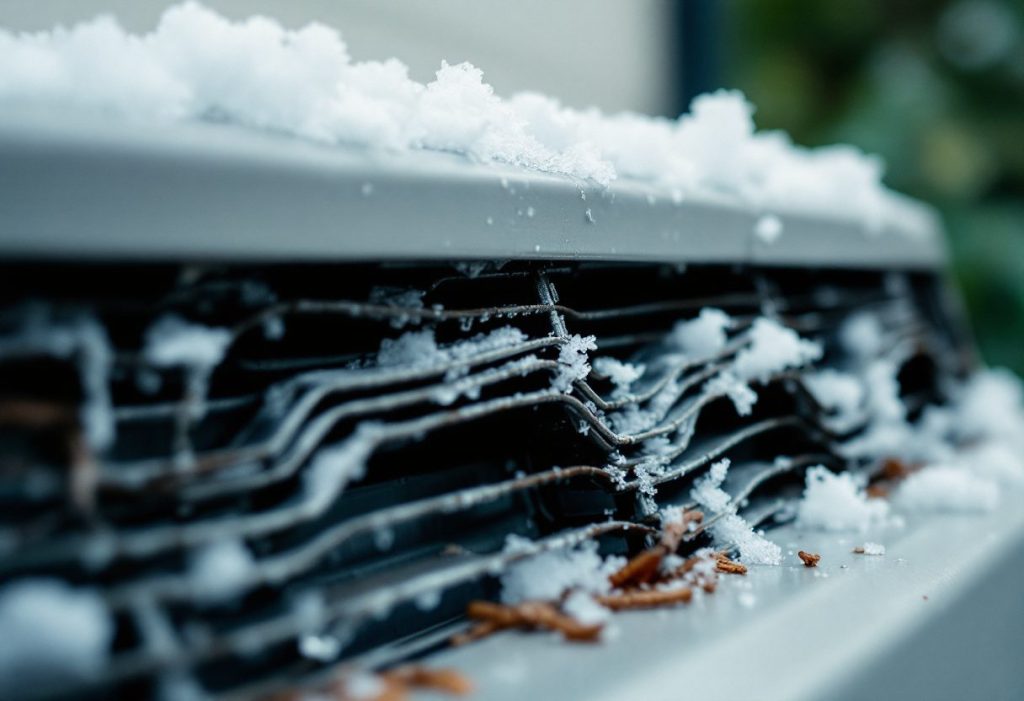 Hail-flattened condenser fins, damage from a peril most policies name.